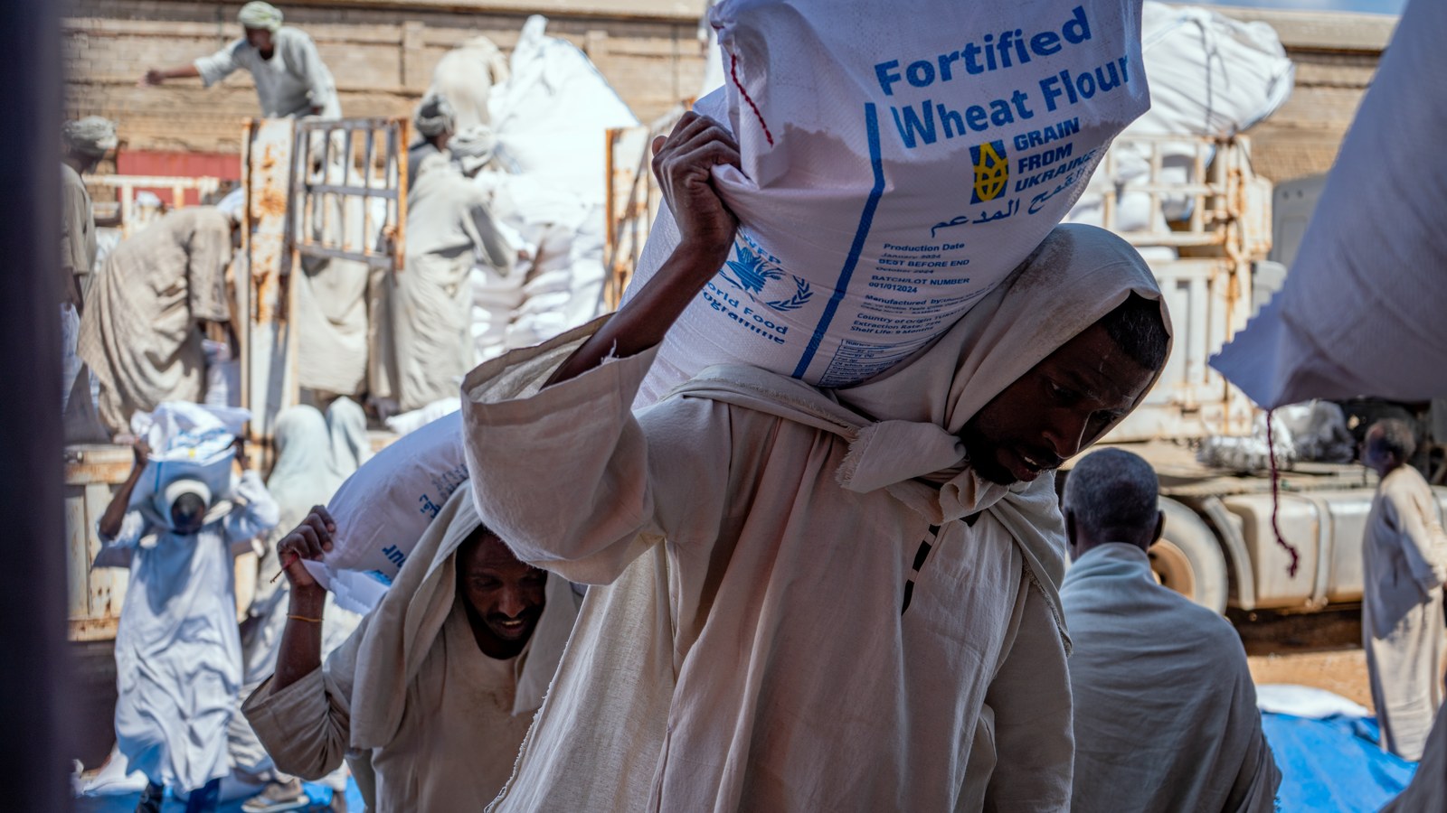 Humanitarian logistics workers loading food assistance supplies